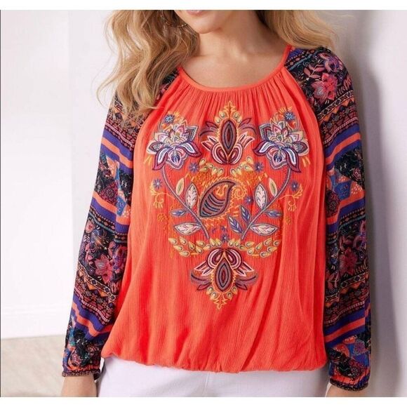 Soft Surroundings Orange Blame Rio Floral Embroidered Blouse - Picture 1 of 6